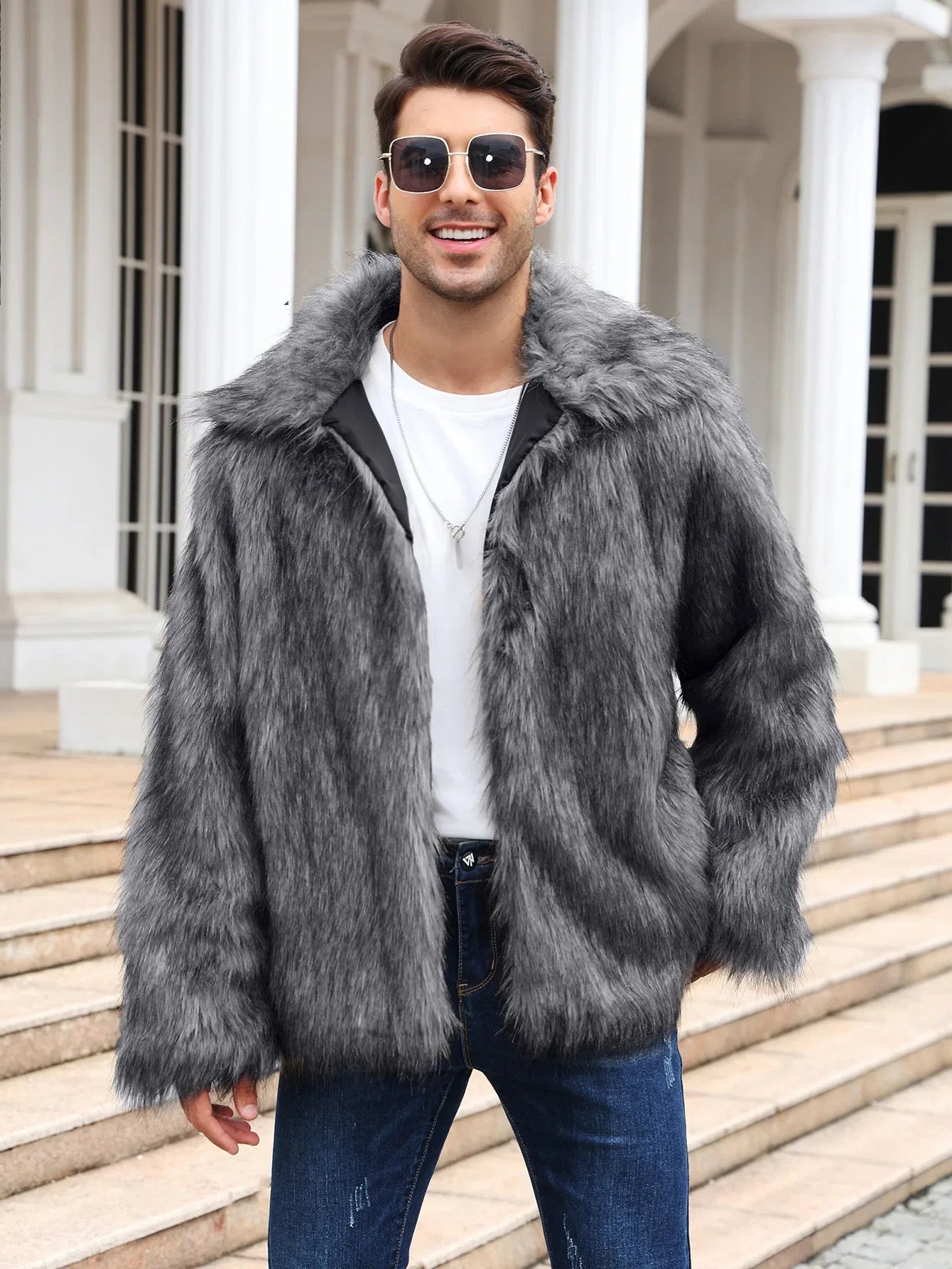 Men's Thick Fluffy Faux Fur Coat with Long Sleeves