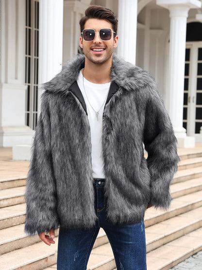 Men's Thick Fluffy Faux Fur Coat with Long Sleeves