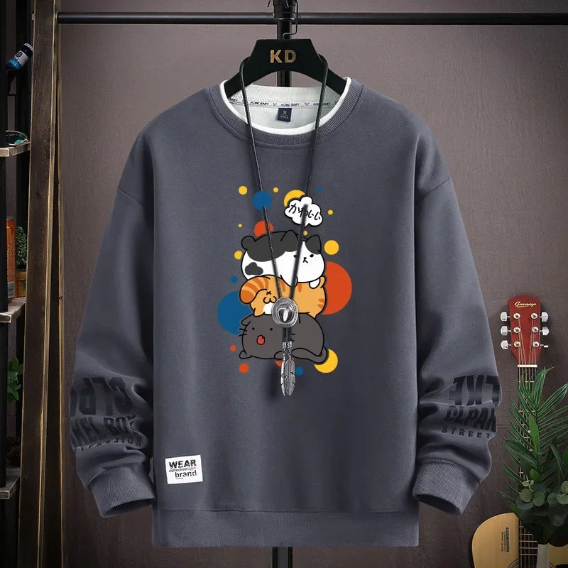 Men's Sweater with Japanese Cartoon Cat Print - Various Colors