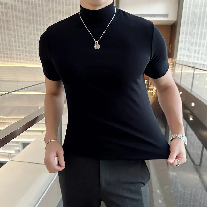 Men's Slim Fit Short Sleeve Turtleneck Cotton T-Shirt - Various Colors