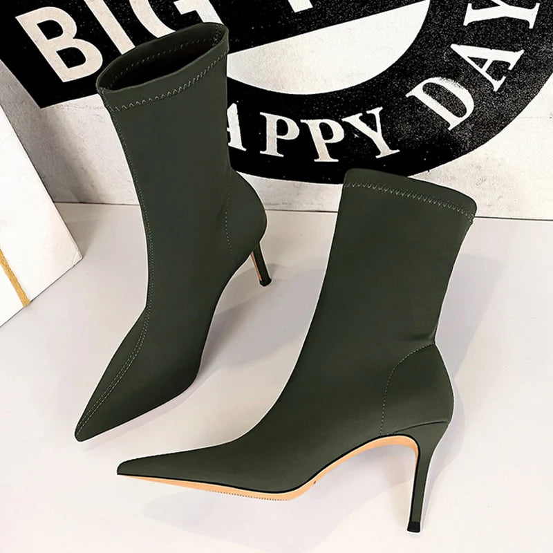 Satin Pointed Toe Short Ankle Boots with Low Heels for Women - Various Colors