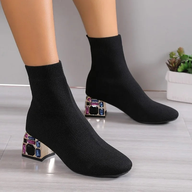 Designer Square Toe Mesh High Heel Boots - Breathable Stretch Style