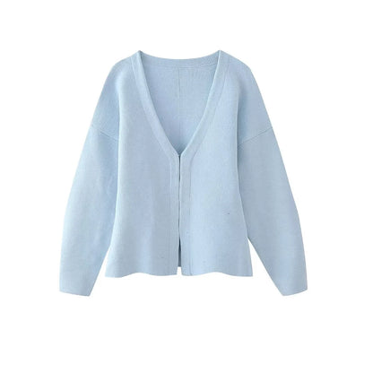 Women's V-Neck Fitted Knit Cardigan with Front Hook, Long Sleeves, and Side Split Hem