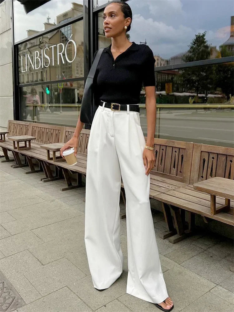 Women's High-Waisted Pocket Pants - White Patchwork  Wide-Leg Trousers