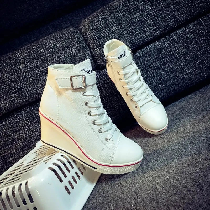 Women's Denim Wedge Sneakers - Lace-Up Ankle Canvas Shoes with 8cm Heels