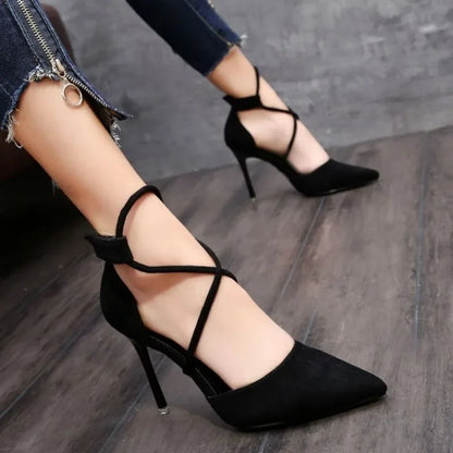 Suede High Heel Roman Sandals for Women with Cross-Strap Design and Buckle