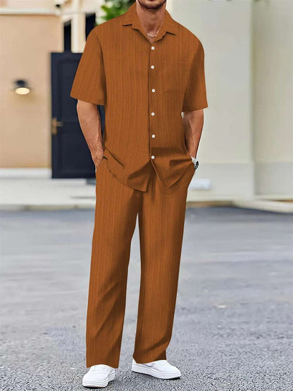 Men's Two-Piece Classic Button-Up Shirt and Loose-Fit Pants Set.