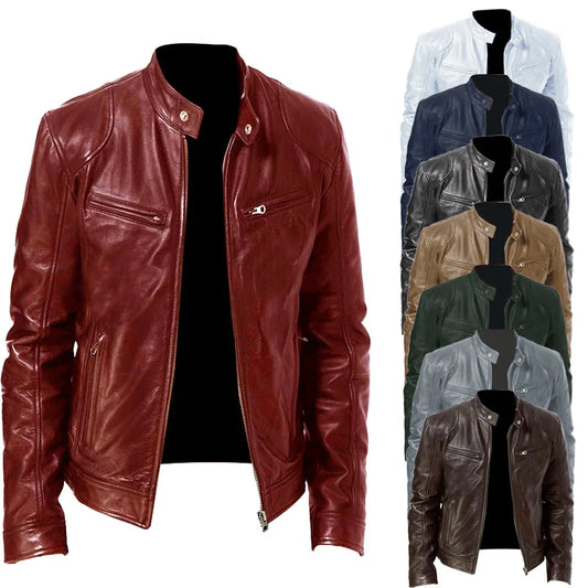 Men's Slim Fit Faux Leather Motorcycle Jacket - Short Lapel PU Coat with Zipper