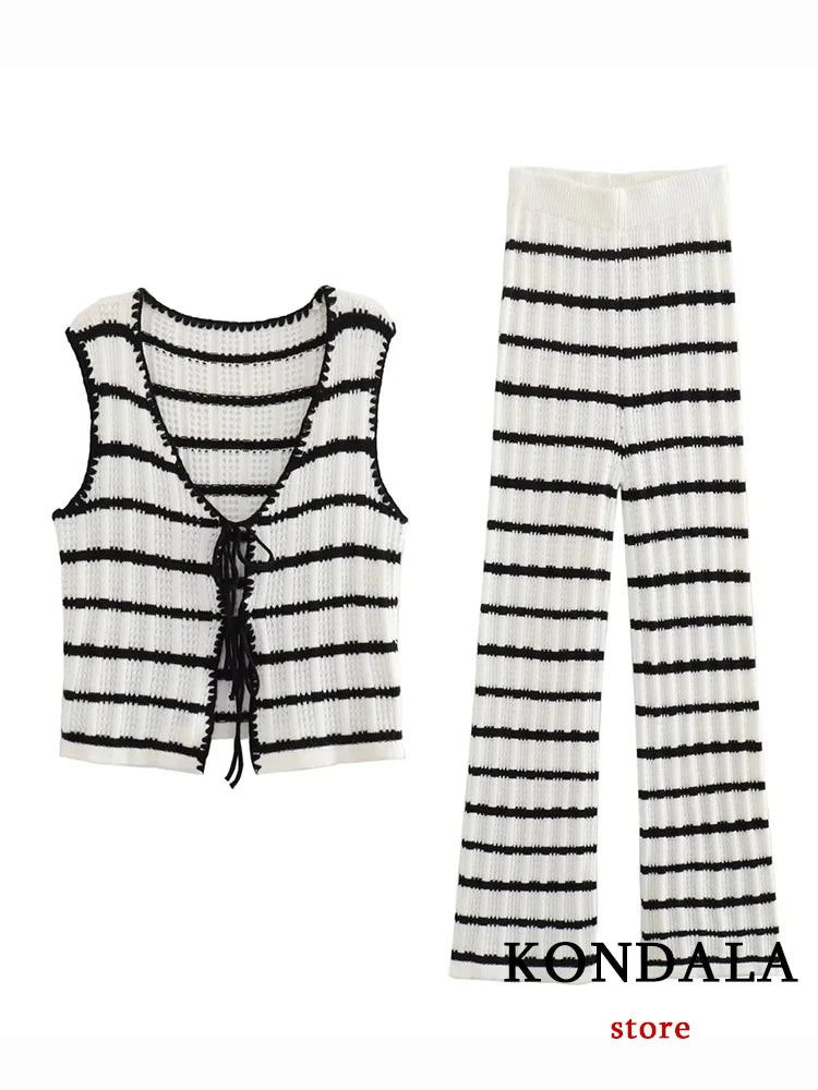 Chic Women's Knit Pants and Lace Vest Top Set - Striped Streetwear Outfit