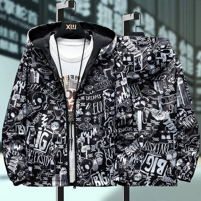 Men's Reversible Graffiti Print Hooded Jacket