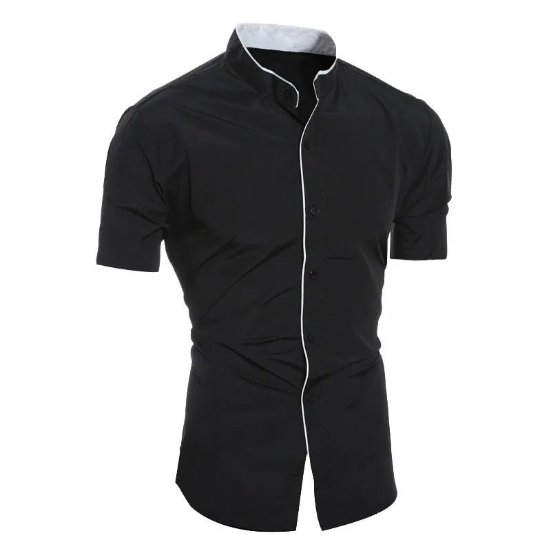 Short-Sleeve Slim Fit Men's Shirt with Stand-Up Collar