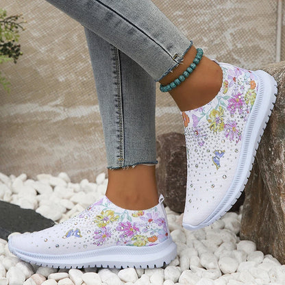 Women's Flower Print Knitted Sneakers with Shiny Crystal Breathable Mesh