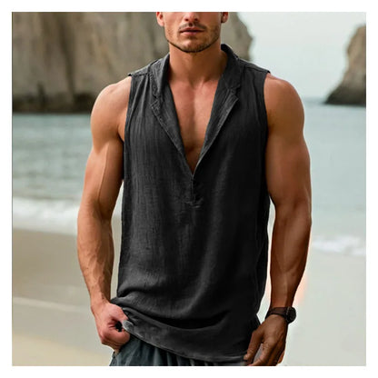 Men's Cotton Hemp V-Neck Buttoned Tank Top