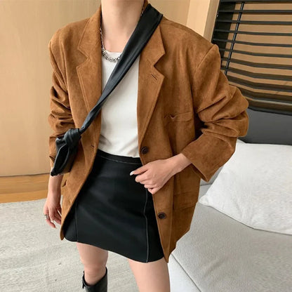 Retro Brown Suede-Look Faux Leather Jacket for Women