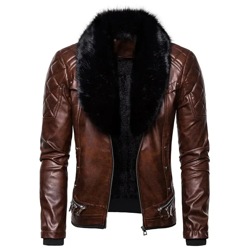 Men's Removable Suede Collar Slim Fit Warm Faux Leather Jacket