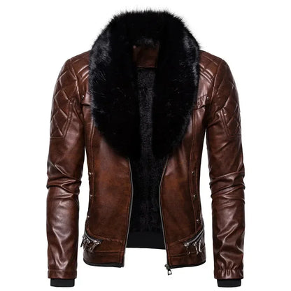 Men's Removable Suede Collar Slim Fit Warm Faux Leather Jacket