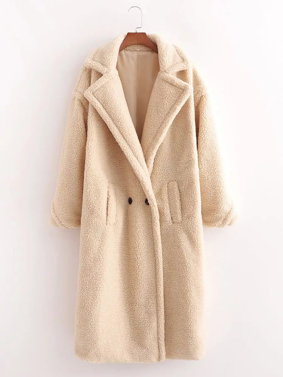 Women's Faux Fur Teddy Coat with Lapel Collar and Pockets