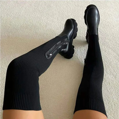 omen's Thigh High Boots - Breathable Knitted Sock Design with Thick Sole