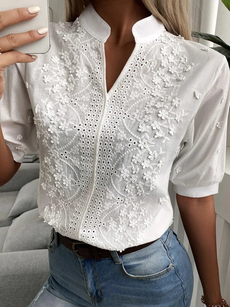 Embroidered White Lace Blouse for Women