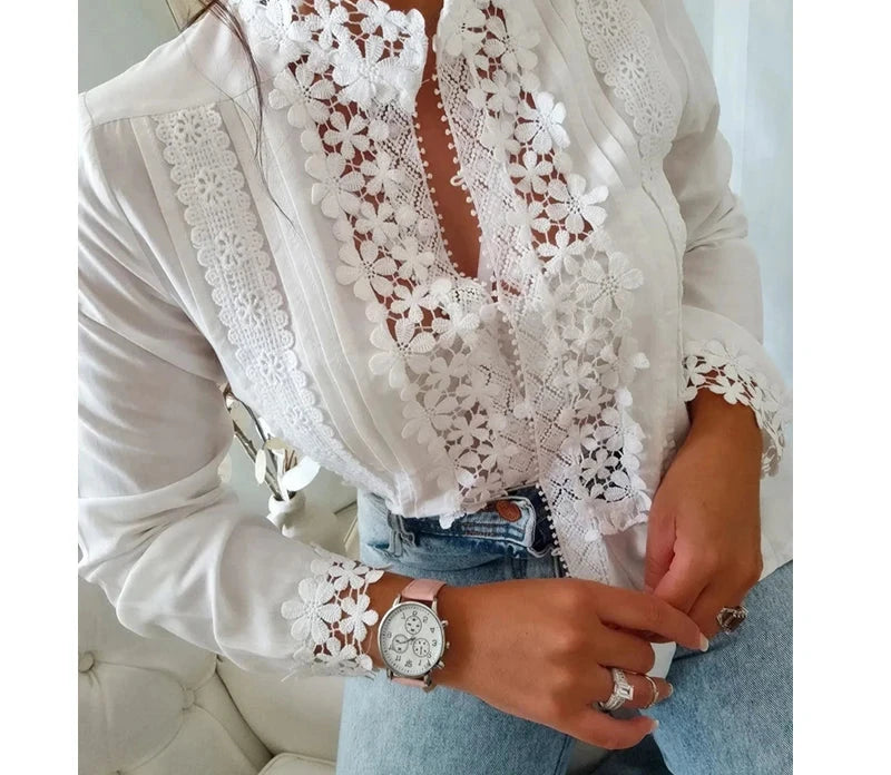 Women's White Blouse with Flower Hollow Stand Collar