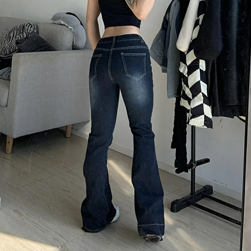 Women's Vintage Flare Jeans - Low Waist Denim Trousers