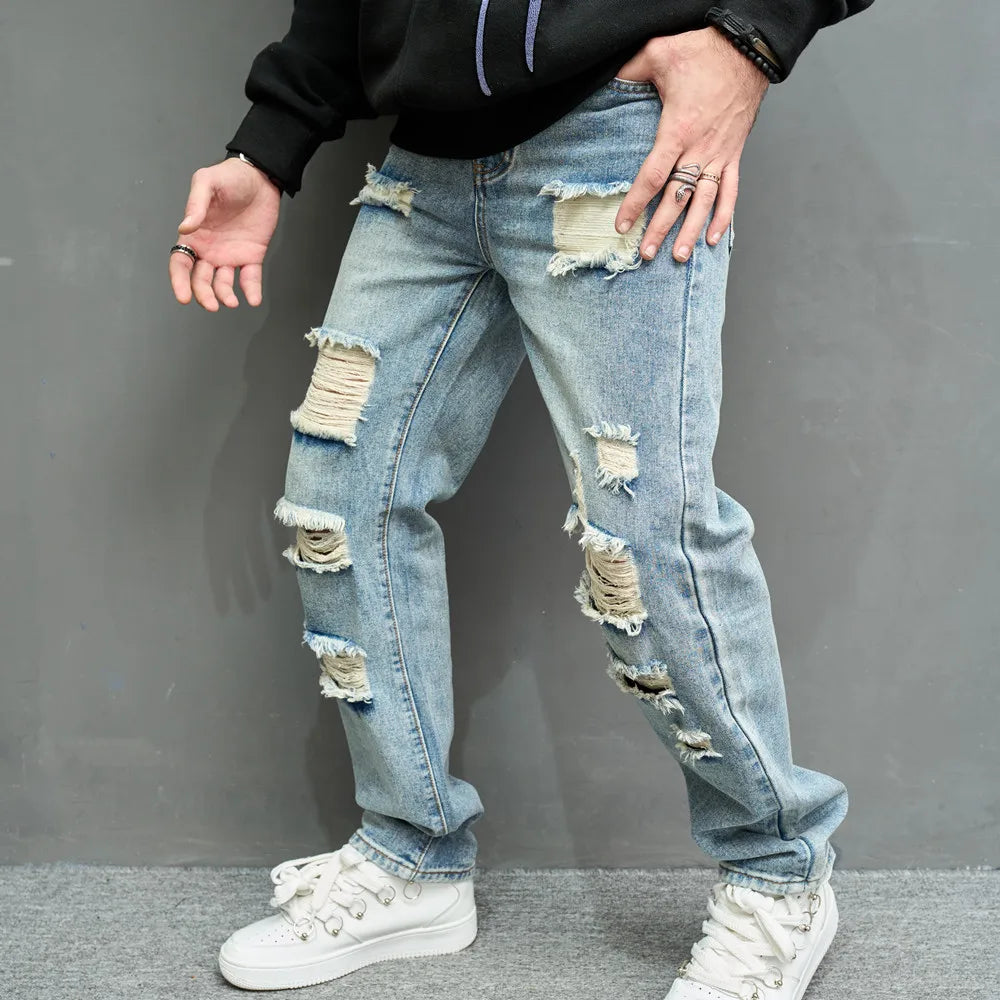 Men's Ripped Straight Jeans - Stylish Casual Denim Streetwear