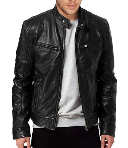 Men's Slim Fit Faux Leather Motorcycle Jacket - Short Lapel PU Coat with Zipper