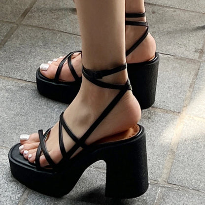 Women's Strappy Platform Sandals -Square Toe Heels- Non-Slip Design