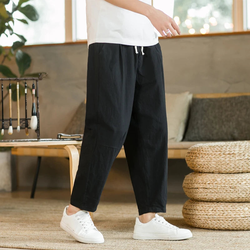 Men's Casual Loose Fit Cotton Trousers - Breathable Drawstring Pants - Various Colors