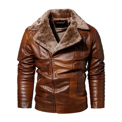 Men's Faux Leather Jacket with Fleece Fur Collar - Various Colors