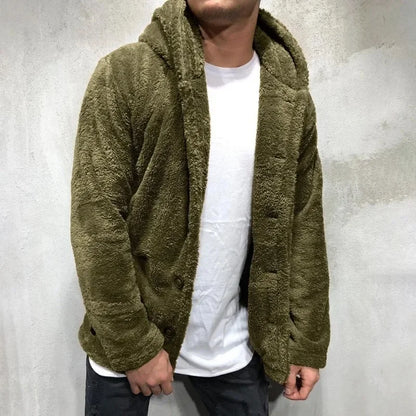 Men's Warm Plush Hooded Cardigan - Long Sleeve