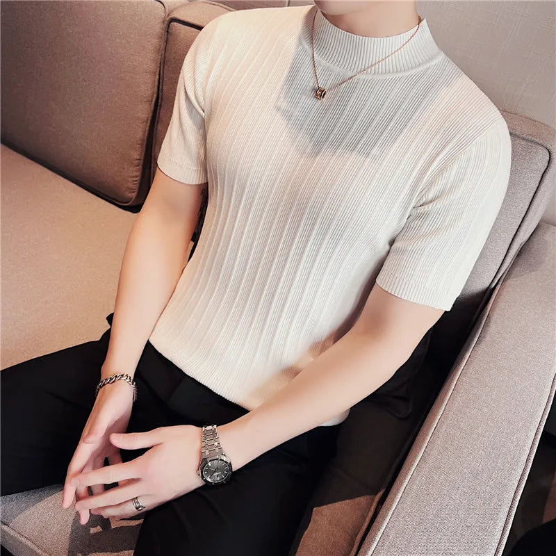 Men's Short Sleeve Slim Fit Knitted Elastic T-Shirt - Various Colors