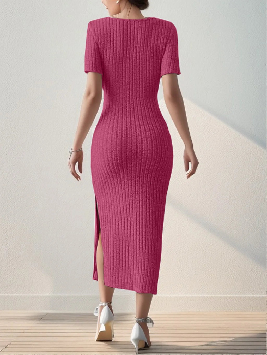 Mid-Length Knitted Dress with Short Sleeves and Slit Detail