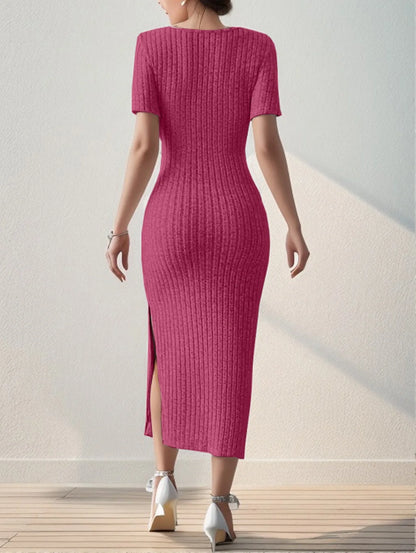 Mid-Length Knitted Dress with Short Sleeves and Slit Detail