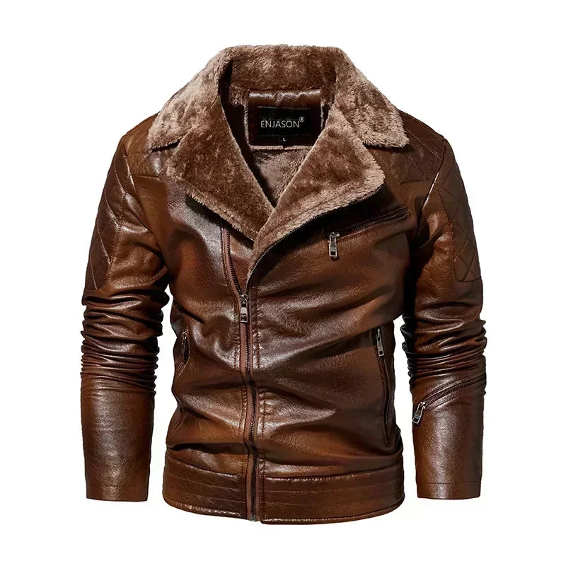 Men's Faux Leather Jacket with Fleece Fur Collar - Various Colors