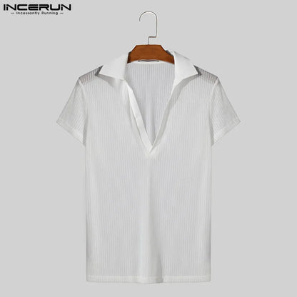 INCERUN Men's V-Neck Striped Slim Fit Short Sleeve Shirt