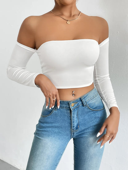 Women's Casual Long Sleeve Off-Shoulder Crop Top - Various Colors