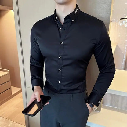 Men's Long Sleeve Slim Fit Shirts with Neckline Embroidery