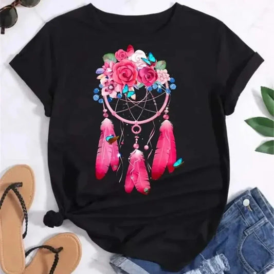 Feather Dreamcatcher Graphic Tee for Women - Harajuku Style Fashion T-Shirt