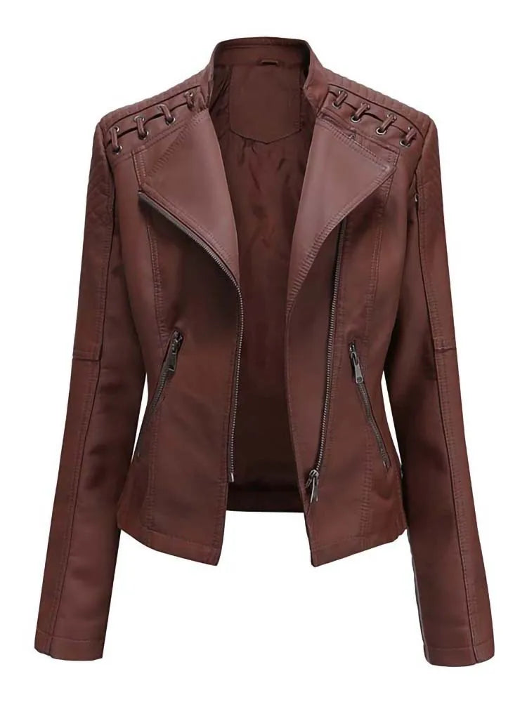 Women's Slim Fit Zipper Faux Leather Jacket - Various Colors