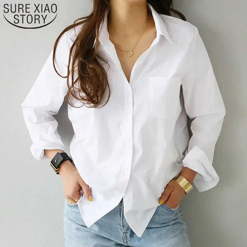 Casual Women's Long Sleeve White Cotton Shirt - Loose Fit Button-Up