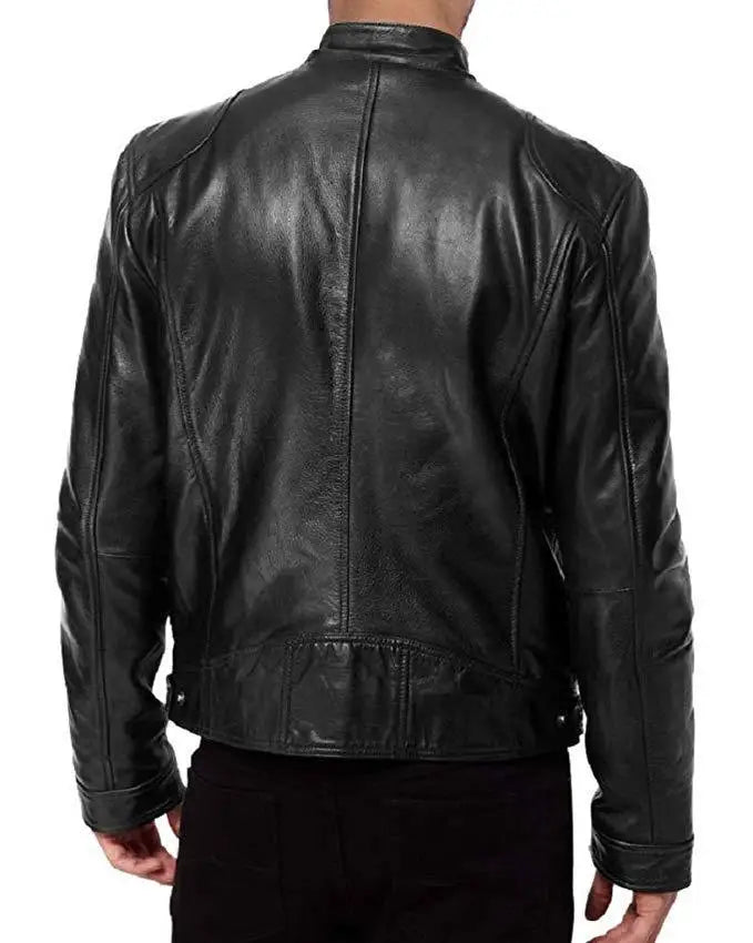 Men's Slim Fit Faux Leather Motorcycle Jacket - Short Lapel PU Coat with Zipper