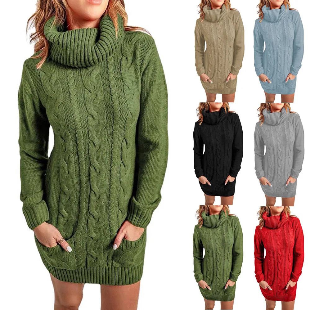 Women's High Neck Long Knitted Sweater Dress - Various Colors