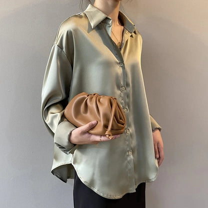 Elegant Long Sleeve Satin Button-Up Silk Blouse for Women - Various Colors