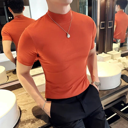 Men's Slim Fit Short Sleeve Turtleneck Cotton T-Shirt - Various Colors