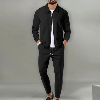 Men's Two-Piece Stand Collar Zipper Jacket and Drawstring Pants Ensemble