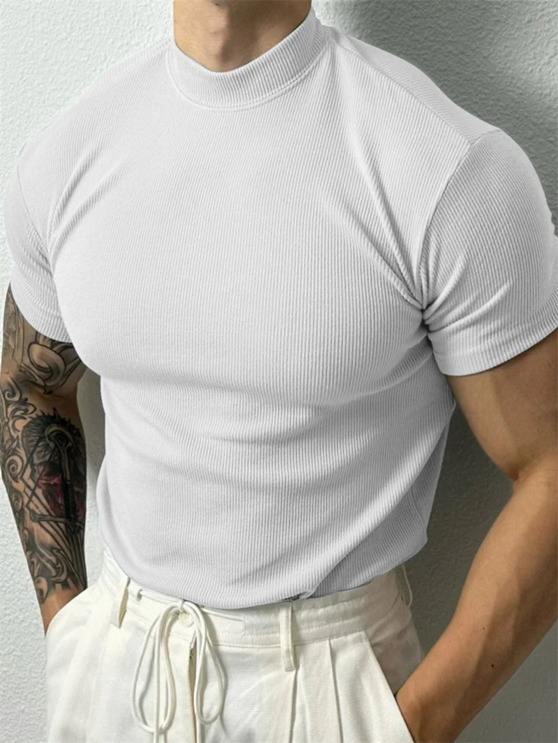 Men's Slim Fit Short Sleeve T-Shirt with High Collar and Stripe Design