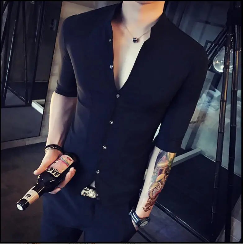 Men's Slim Fit Half Sleeve Stand Collar Shirt