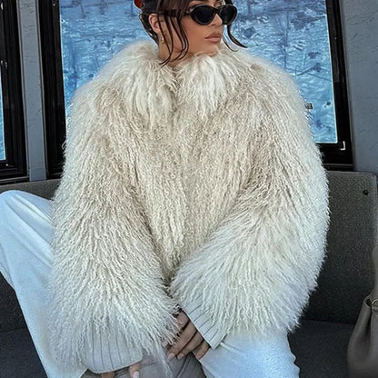 Womens Stylish Faux Fur Coat with Turn-Down Collar