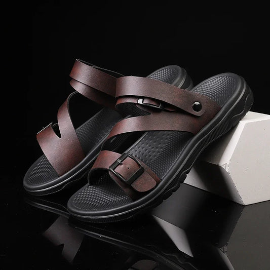 Men's Casual Faux Leather Sandals - Non-Slip, Breathable Roman Slippers